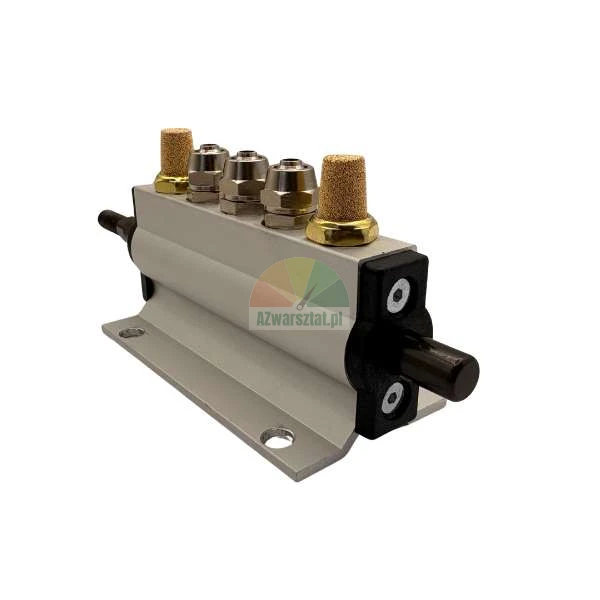 Aluminum pneumatic manifold with brass silencers and fittings on a white background.
