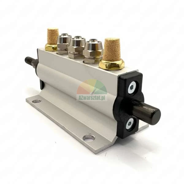 Pneumatic manifold valve with silencers and fittings on a silver aluminum base