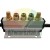 Aluminum pneumatic manifold block with two brass silencers and three metal fittings.