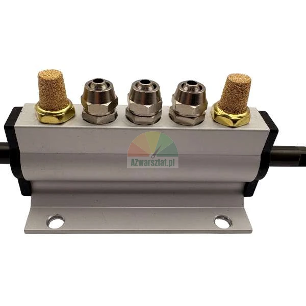 Aluminum pneumatic manifold block with two brass silencers and three metal fittings.