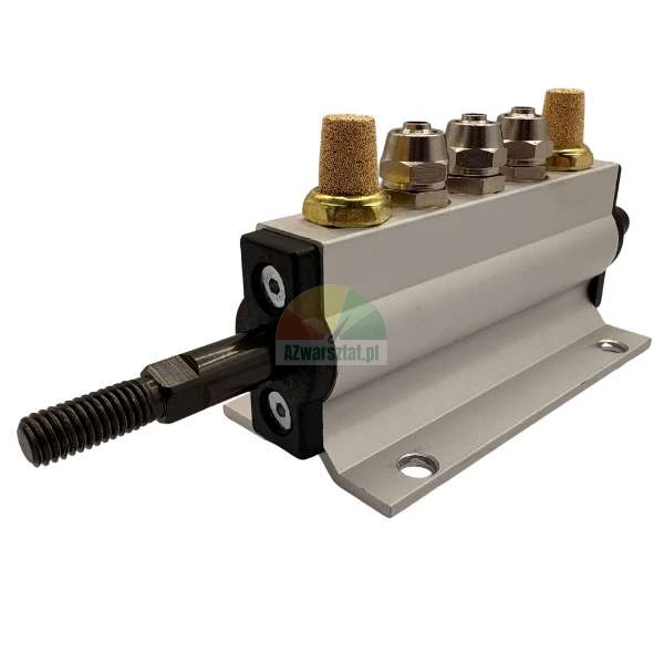 Pneumatic cylinder with air fittings and silencers, aluminum body and threaded piston rod