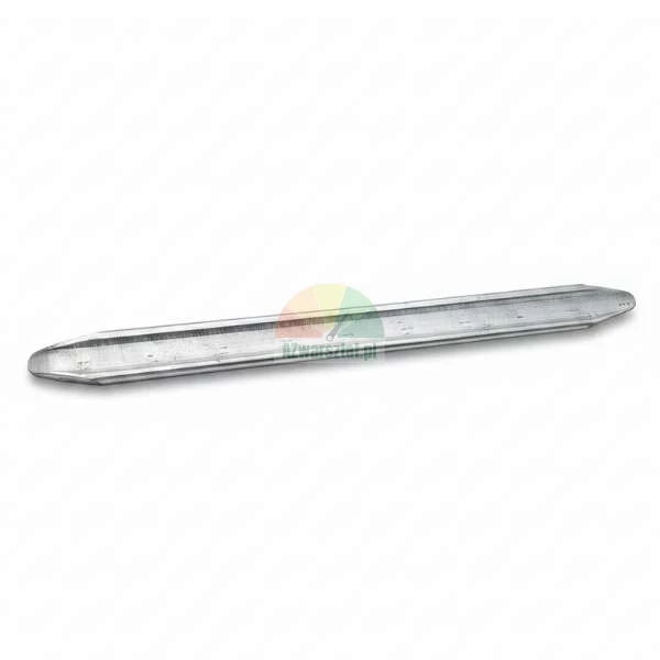 Long metal guide rail with tapered ends, made of galvanized steel.