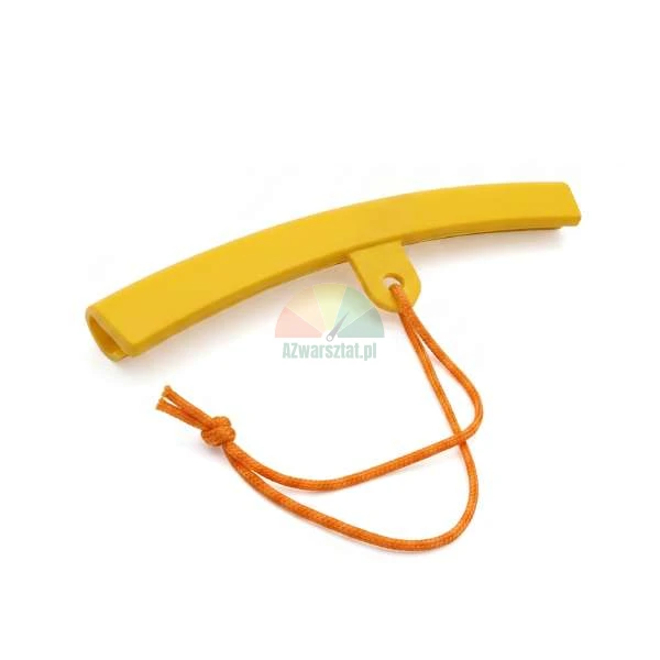 Yellow rim protector with an orange string used to prevent scratches during tire changes.