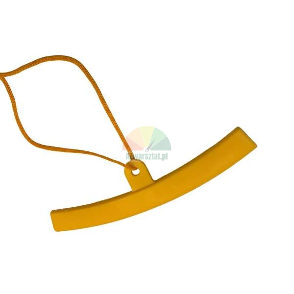 Yellow curved plastic handle with an orange cord on a white background