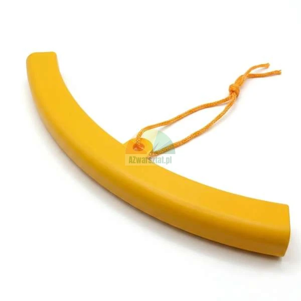 Yellow curved plastic rim protector with an orange safety cord