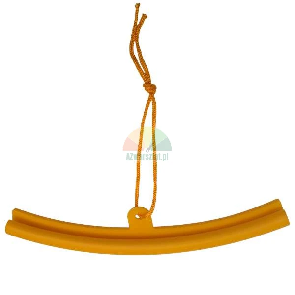 Orange curved edge protector with an attached string on a white background.