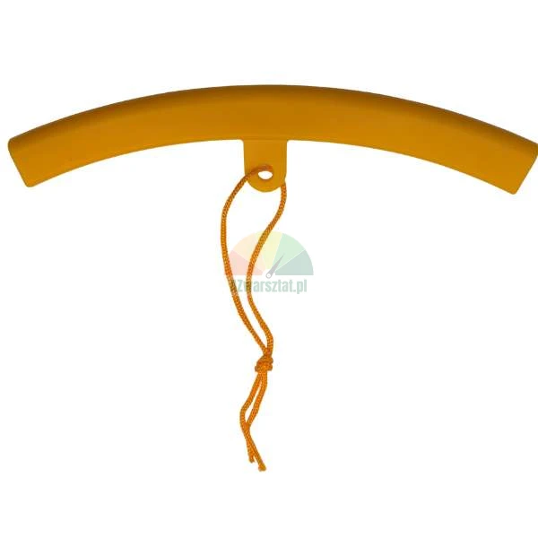 Yellow curved plastic component with an orange string attached to a central eyelet.