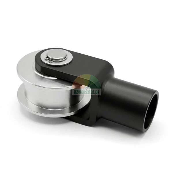 Two-post lift chain pulley with 36mm holder, silver metal wheel in black bracket.