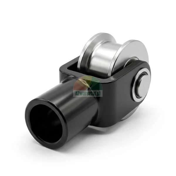 Metal guide pulley roller in a black bracket housing