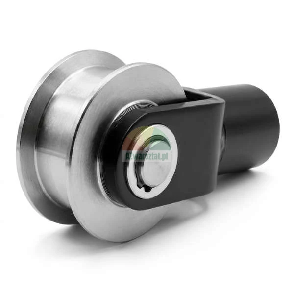 Stainless steel sliding door roller with a black bracket, side view on white background.