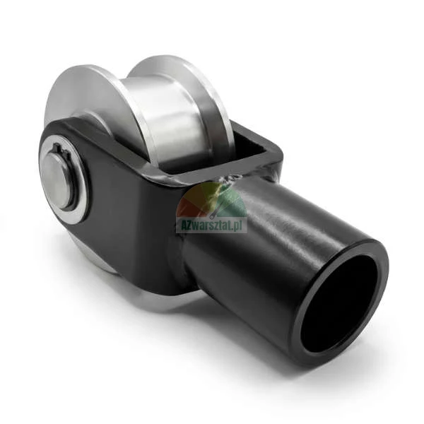 Metal guide roller in a black housing with a mounting sleeve