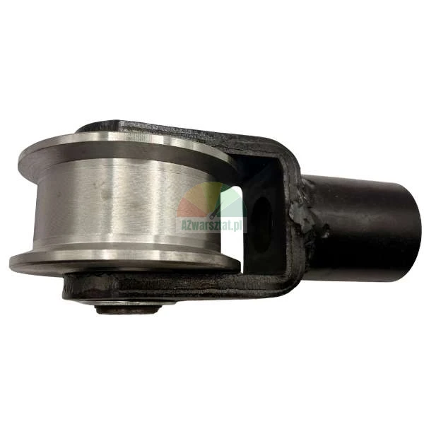 Steel pulley with mounting bracket for sliding gates or industrial equipment.