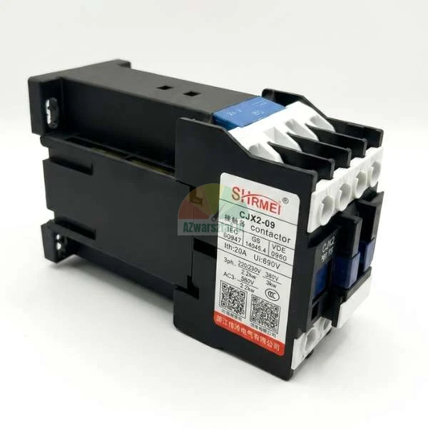 SHIRMEI CJX2-09 electrical contactor in black with a white technical label and a blue component.