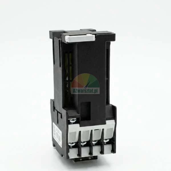 Industrial electrical contactor in a black housing with white terminals on a white background.