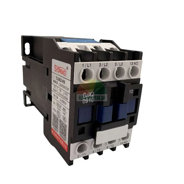 AC contactor model CJX2-0910 with blue buttons and labeled connection terminals on a white background