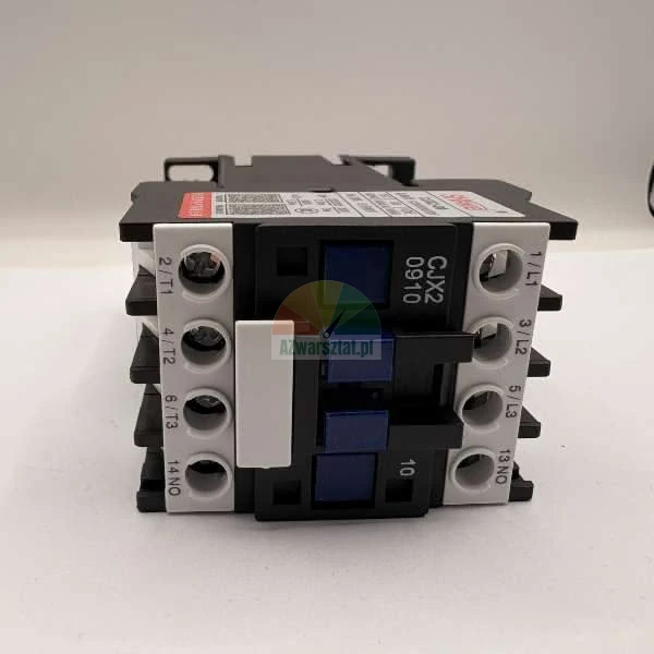 CJX2-0910 AC contactor, industrial three-phase electrical control device, black body with white terminal blocks and blue actuators.