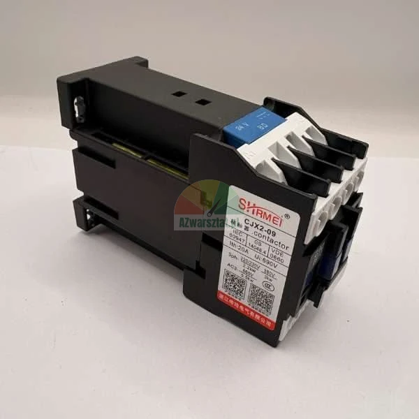 Industrial AC contactor SHIRMEI CJX2-09 with black body white terminals and blue top component