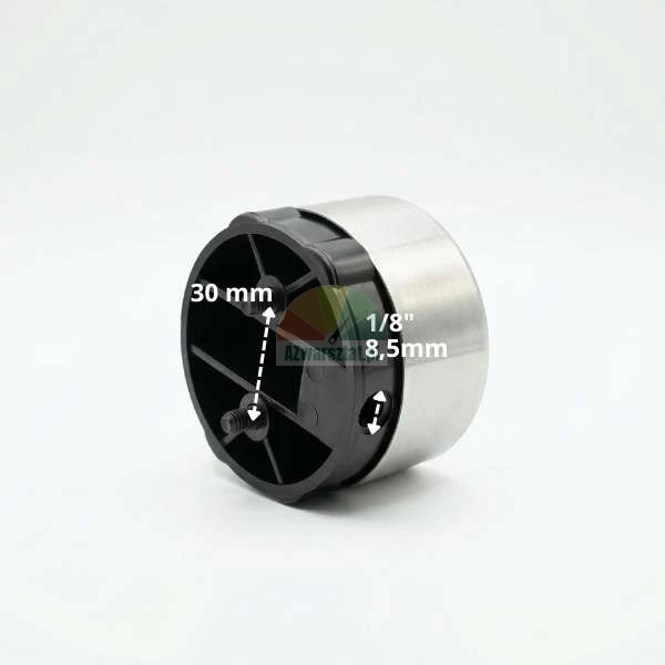 Round furniture component showing 30 mm screw spacing and 8.5 mm (1/8') side hole measurements.