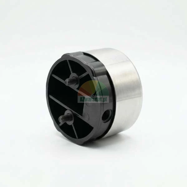 Cylindrical furniture leg combining brushed stainless steel and black plastic with two mounting screws.