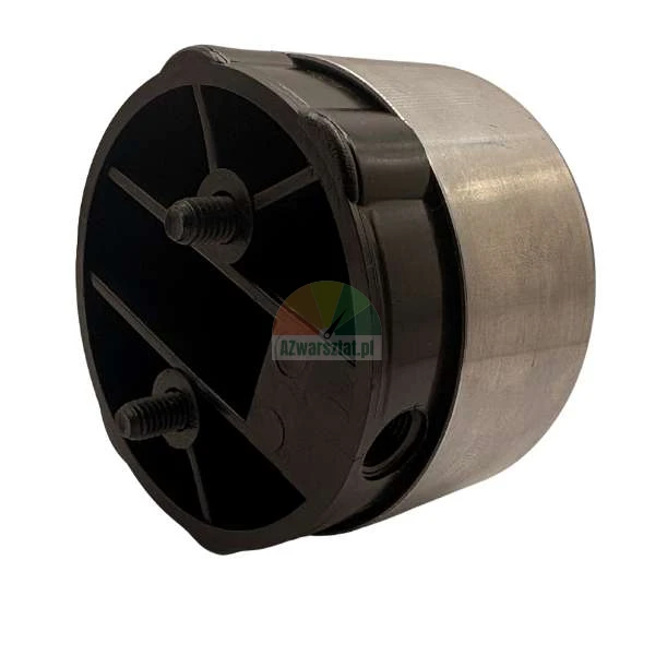Round furniture leg with a black plastic base and two mounting bolts in a metal housing