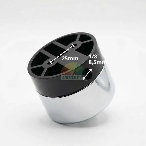Chrome and black circular furniture foot with dimensions: 25mm mounting hole spacing and 8.5mm (1/8' inch) side hole.