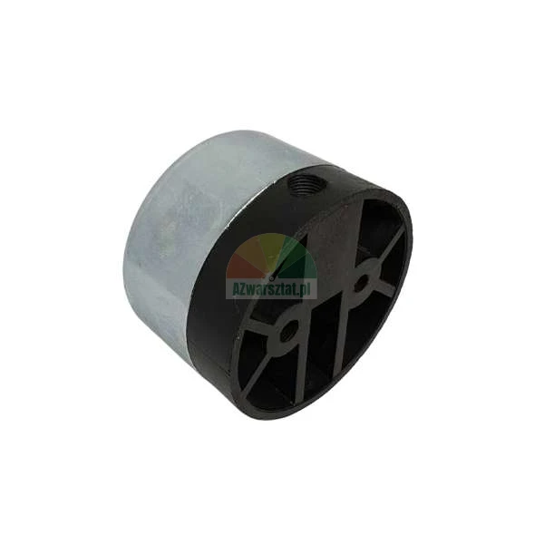 Cylindrical industrial component with a silver metallic top and a black plastic base showing mounting holes.