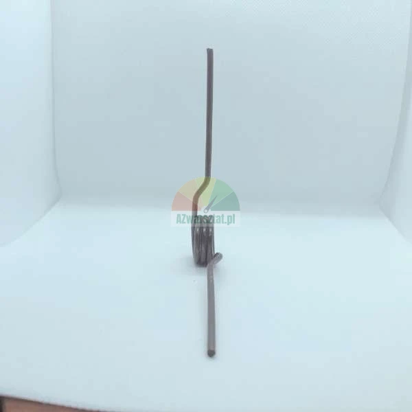 Brown metal torsion spring with straight ends positioned vertically on a white background