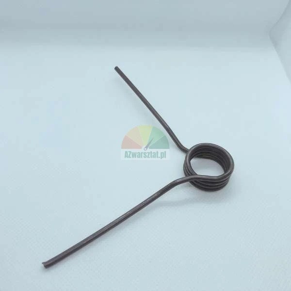 Metal torsion spring with two long straight legs on a light background.