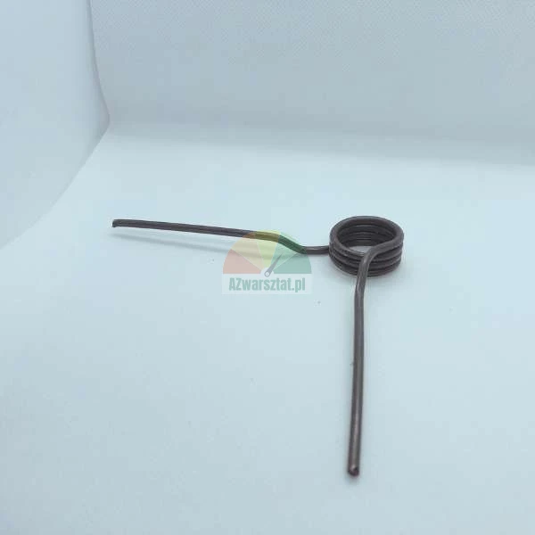 Metal torsion spring with two arms on a light background.