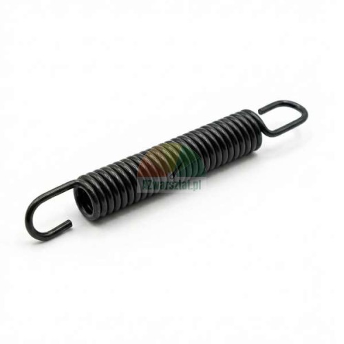 Black tension spring 8.2 cm long with hooks at both ends.