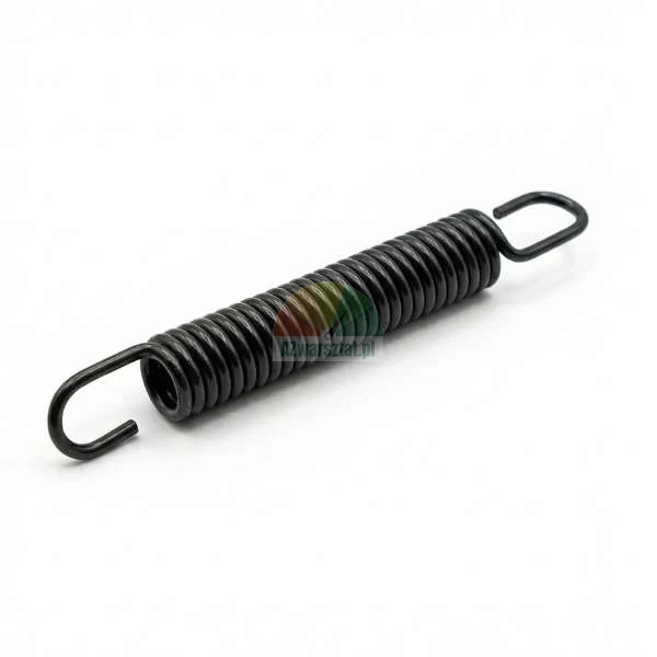 Black tension spring 8.2 cm long with hooks at both ends.