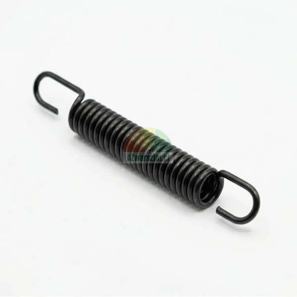 Black extension spring with hooks on both ends on a white background.