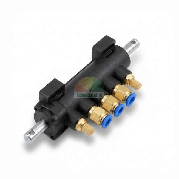 Pneumatic manifold block with brass fittings and silencers.