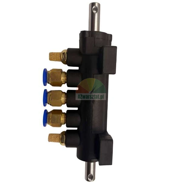 Pneumatic control valve for tire changer with five ports and metal rod on a white background.