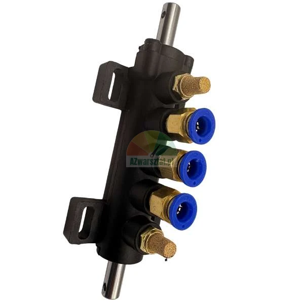 Black pneumatic manifold block with three blue push-to-connect fittings and two brass silencers.