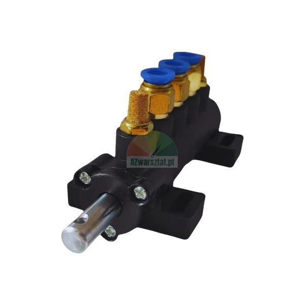Pneumatic valve manifold with brass fittings, blue push-in connectors, and a silencer on a black body.