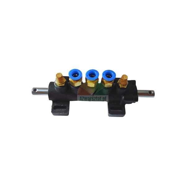 Pneumatic valve manifold with three blue push-in fittings and two brass silencers