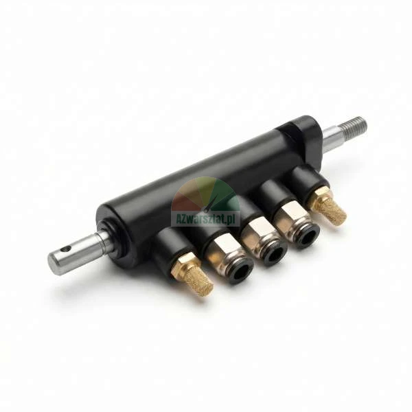 Black pneumatic manifold with five ports, brass silencers, and quick-connect fittings on a white background.
