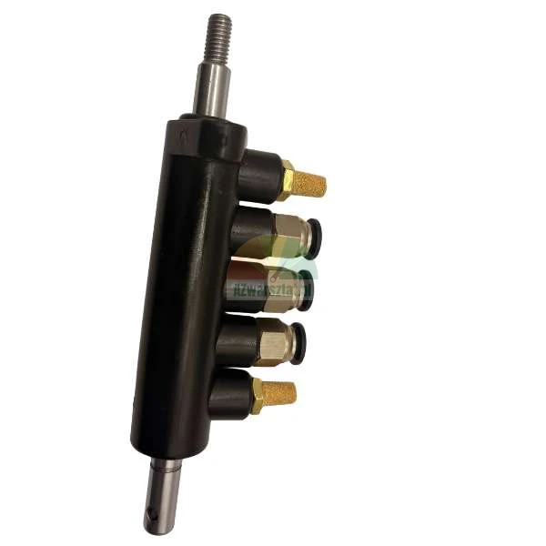 Black pneumatic manifold with brass fittings and silencers on a white background.