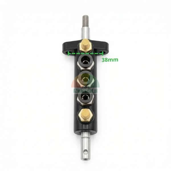 Black pneumatic manifold with three push-in fittings and two brass plugs, mounting hole spacing 38 mm.