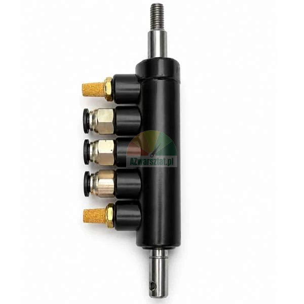 Black pneumatic cylinder component with brass fittings and silencers on a white background