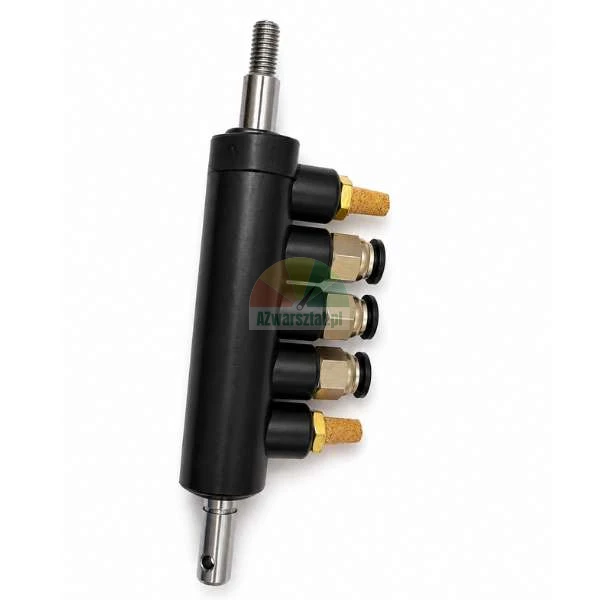 Black pneumatic cylinder with five side ports, three push-in fittings and two porous silencers on a white background.
