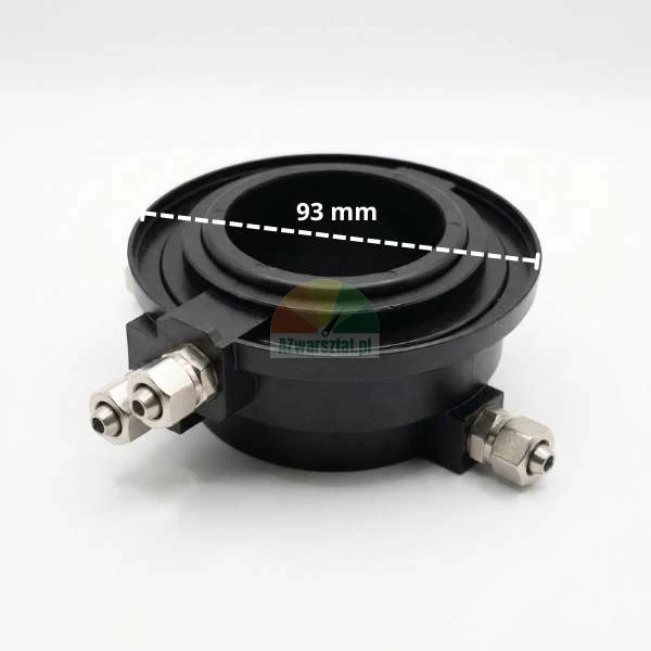 Black ring-shaped industrial component with metal nipples and an indicated 93 mm dimension on a white background.