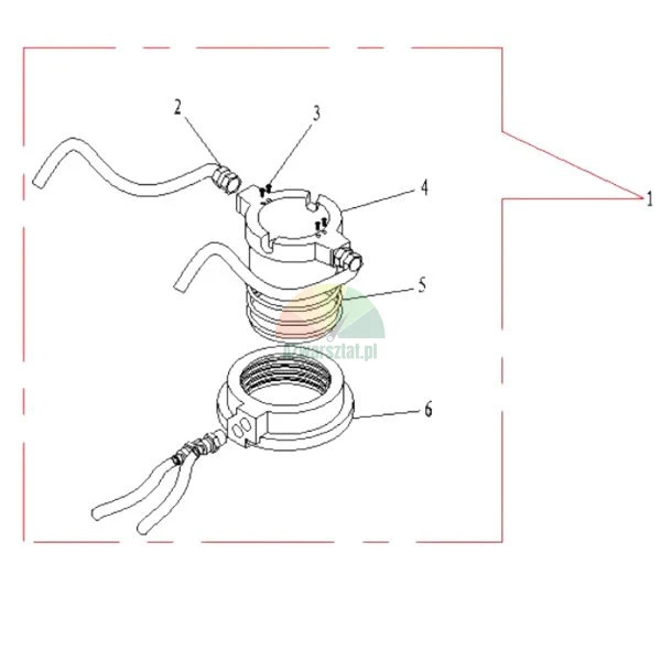 Exploded view diagram of a mechanical assembly with numbered parts from 1 to 6 showing a housing, spring, and connection hoses.