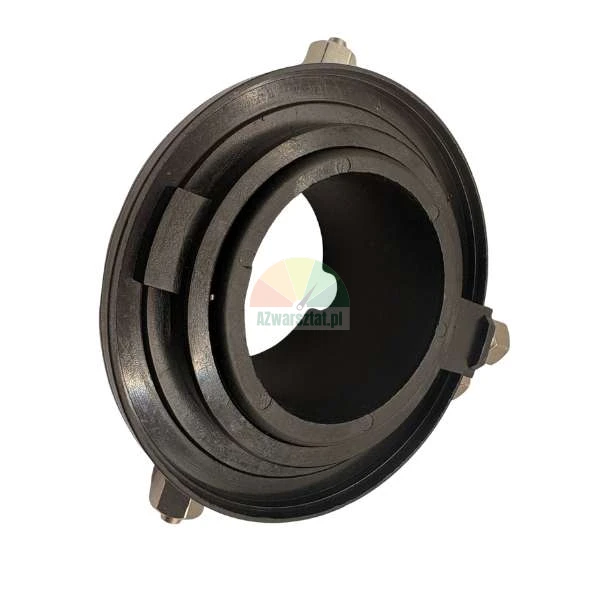 Black industrial sealing ring with three metal bolts and nuts on a white background.