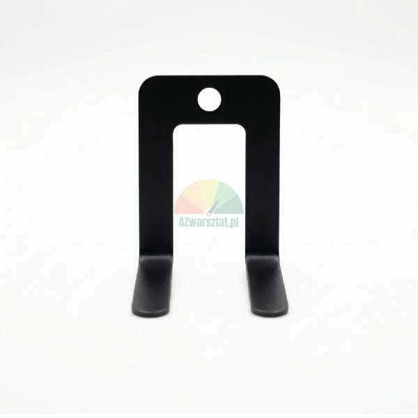 Black metal U-shaped bracket with a mounting hole and flat feet on a light background.
