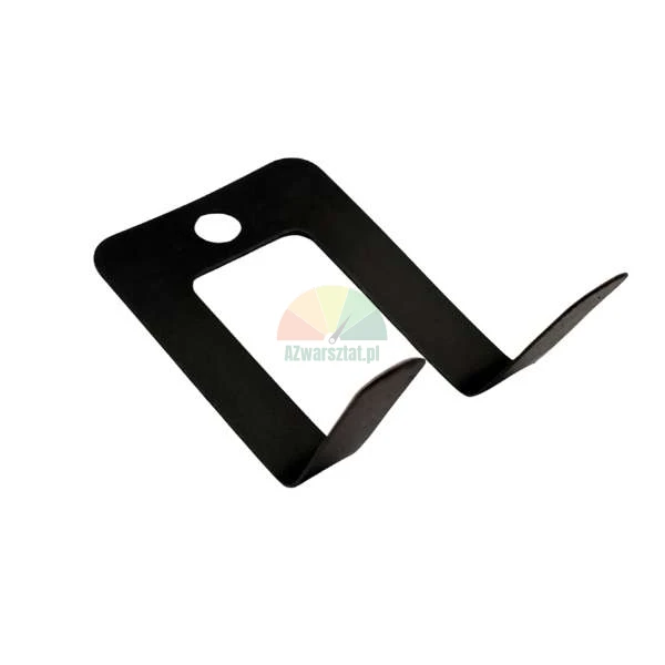 Black metal wall hook with two prongs and a mounting hole on a white background.