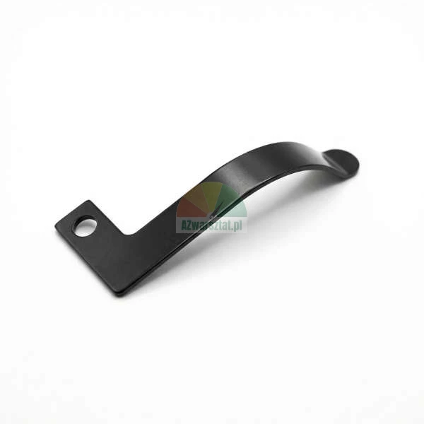 Black metal spring clip with a mounting hole on a white background.