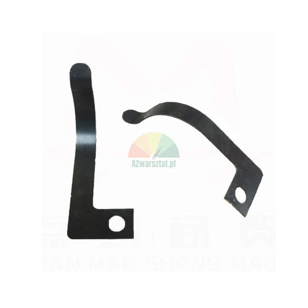 Two black, curved metal leaf springs with a mounting hole on a white background.