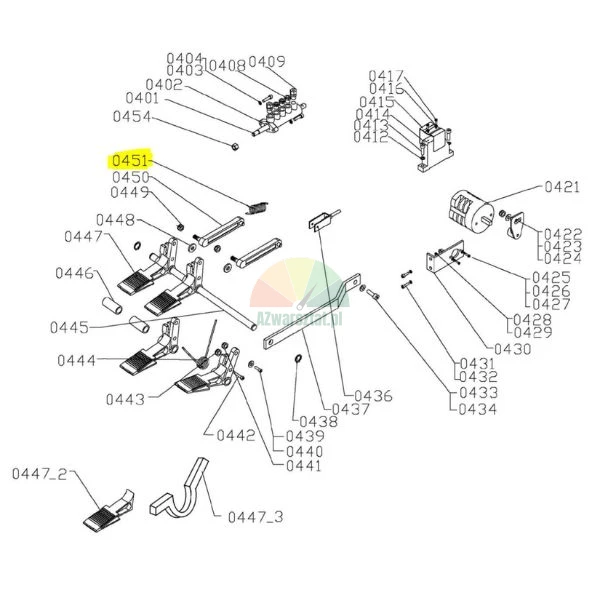 Technical diagram of a pedal control assembly with highlighted tension spring part number 0451.